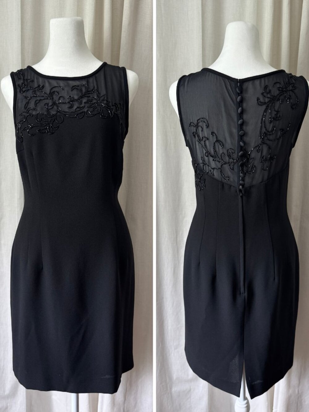 Vintage Black Beaded Mini Dress Women's Size Small Elegant Cocktail Dress